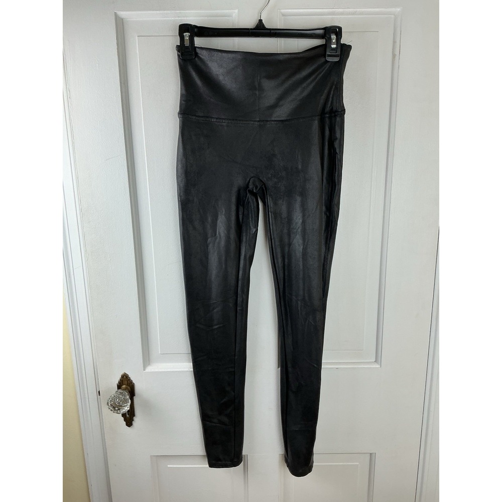 Spanx Faux Leather Leggings Black Large High Rise Pull On 2437 EUC
